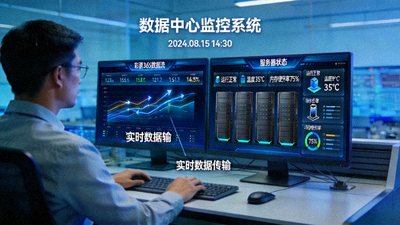 技术人员在数据中心监控彩票365数据流与服务器状态的示意图